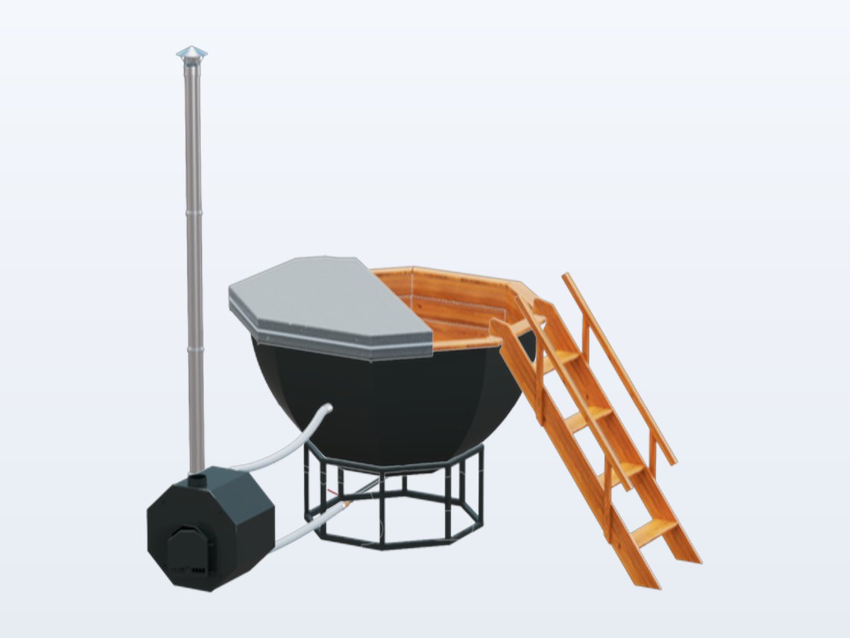 Банный чан 180 см на 4 человека из AISI 430 (2 мм) с малой выносной печью AISI 304, отделка «Максимум», деревянная лестница, термокрышка